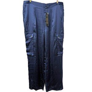 DG2 Diane Gilman Satin Cargo Pants Plus Size 18W Blue Straight Leg NWT
